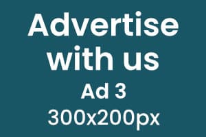 Text on a teal background reads, "Advertise with us. Ad 3. 300x200px.