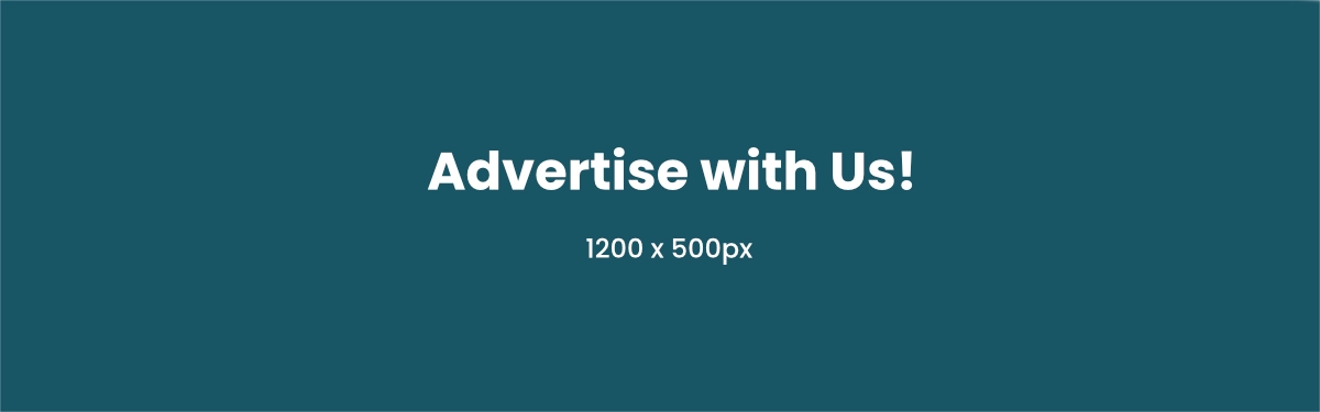 Teal rectangle with white text "Advertise with Us!" and "1200 x 500px" centered.
