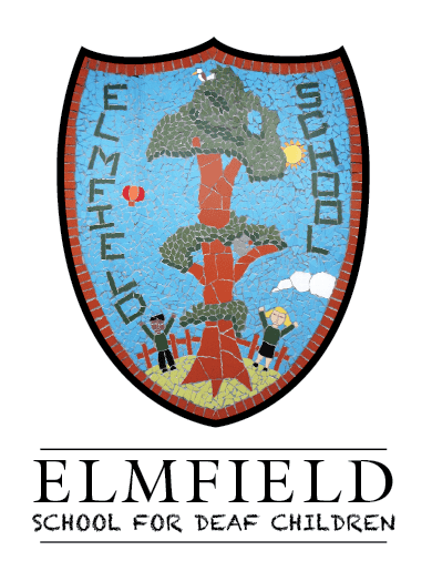 A mosaic-style crest with a large tree, two children, and the words "Elmfield School" encircling the tree. Below, text reads "Elmfield School for Deaf Children.